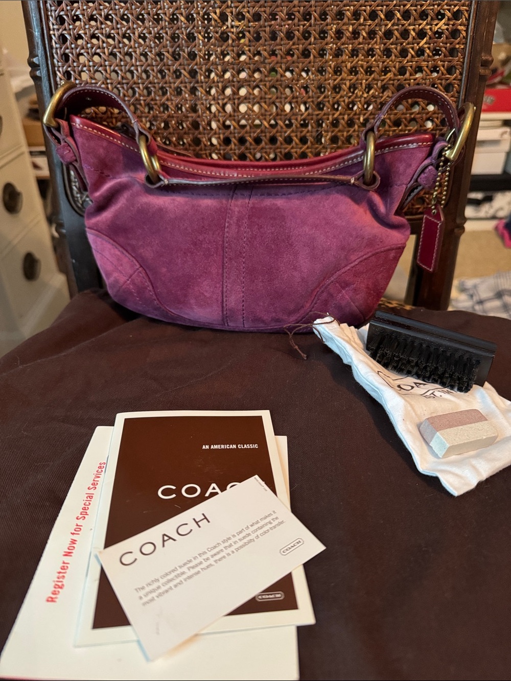 Coach Plum Suede Shoulder Bag with Brass Hardware